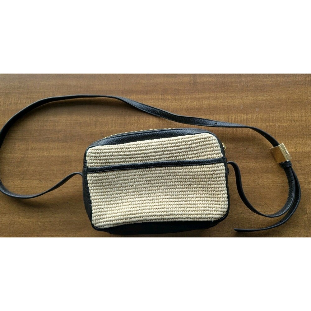 Thacker Woven Straw Crossbody Bag Black Leather Trim Minimalist BohoPurse